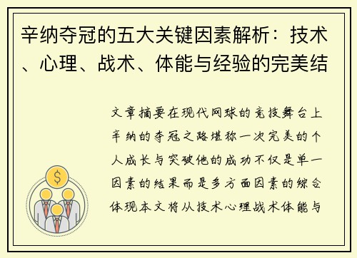 辛纳夺冠的五大关键因素解析:技术、心理、战术、体能与经验的完美结合 辛纳夺冠的五大关键因素解析:技术、心理、战术、体能与经验的完美结合